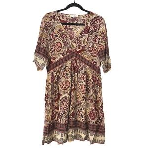 ba&sh Zelda Babydoll‎ Paisley Cream Mini Dress Large Designer Boho Hippie Indie